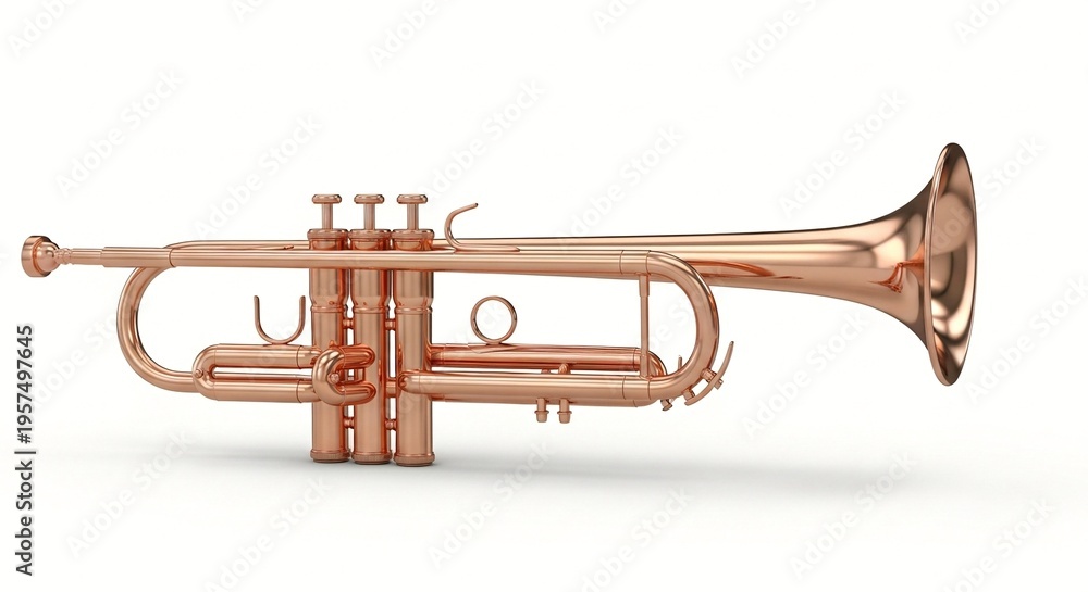 Fototapeta premium A shiny copper trumpet on a plain white background