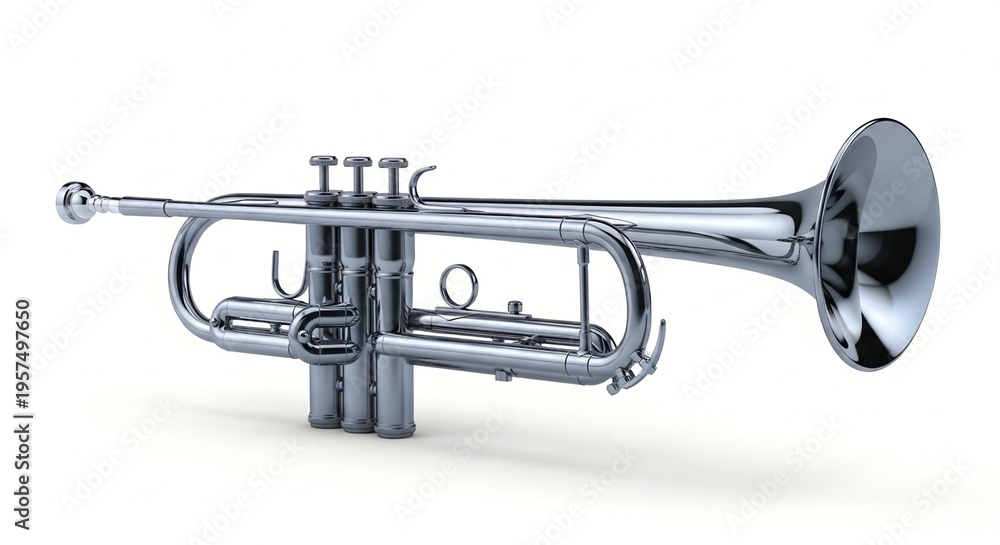 Obraz premium A shiny silver trumpet on a white background with musical instrument details