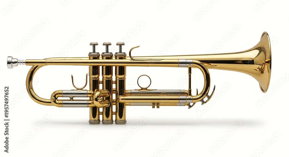 Obraz premium A shiny gold trumpet on a white background, perfect for music and instrument enthusiasts.
