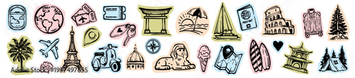 Summer travel sticker set, hand drawn vacation doodle illustration, adventure holiday graphic print. Journey landmark sign, tropical exotic cruise collection, European seaside view. Travel sticker kit