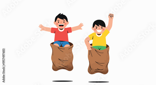 Two cheerful boys engaged in a lively sack race having fun outdoors.