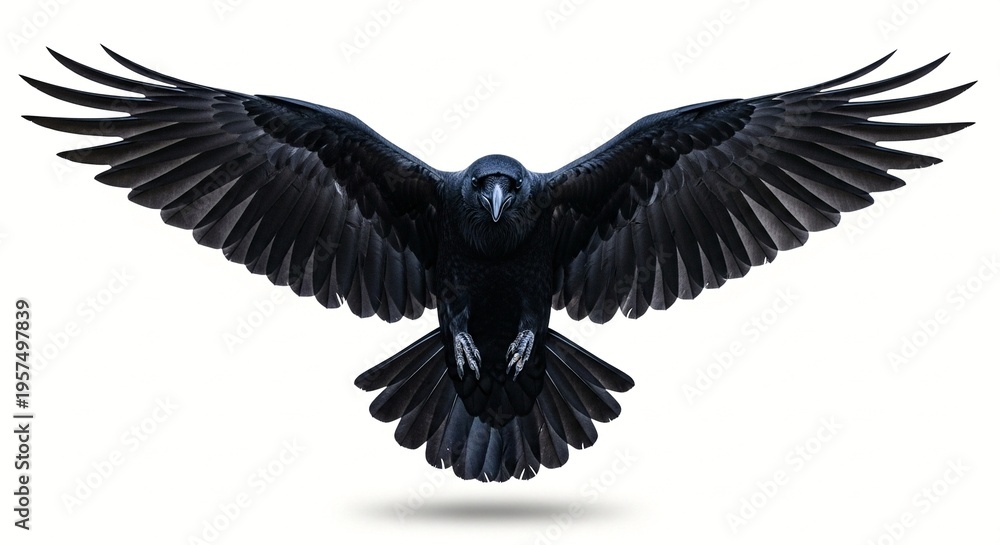 Fototapeta premium A black bird with its wings spread wide in mid-flight against a white background