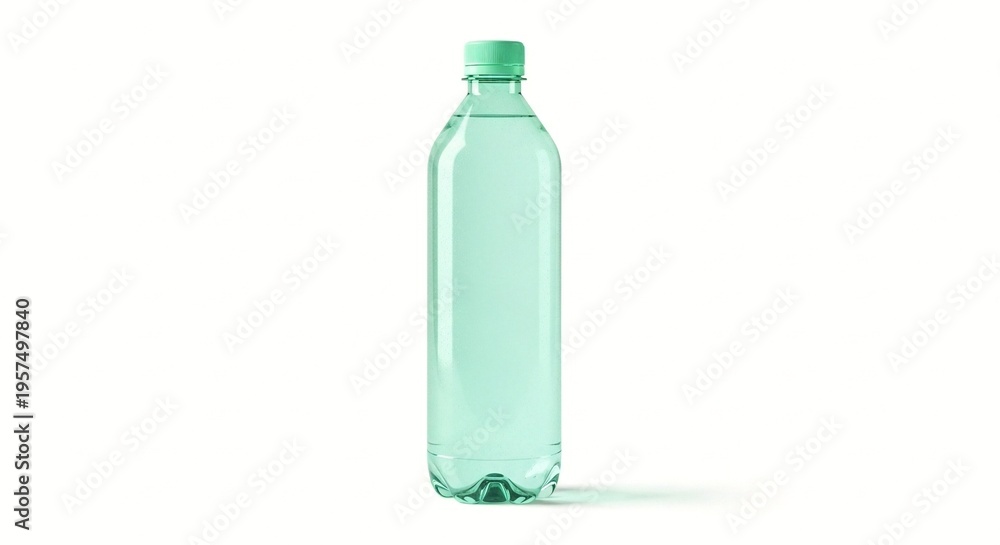 Naklejka premium A clear green plastic water bottle with a screw-on cap stands alone on a white background
