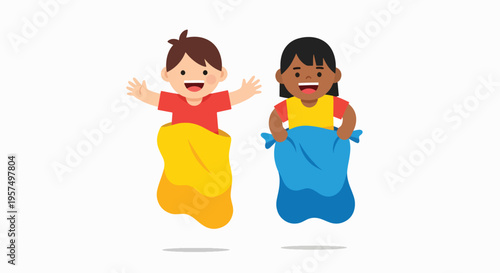 Two happy children engaging in a lively sack race full of joy and energy.
