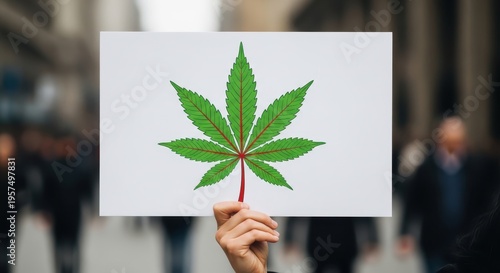 Person holding sign with cannabis leaf symbol in public demonstration