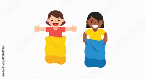 Two happy diverse children participating in a sack race.