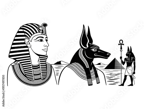 Ancient Egyptian pharaoh and Anubis god vector illustration, with Great Pyramid of Giza and ankh symbol