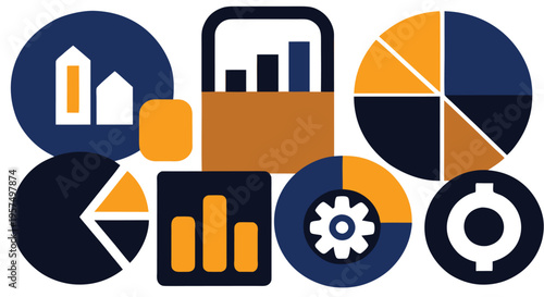 Business finance and growth icons with charts briefcase gears and money symbols background