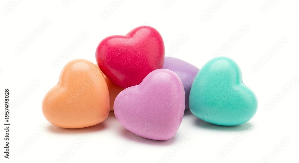 Obraz premium A group of colorful heart-shaped candies on a white background