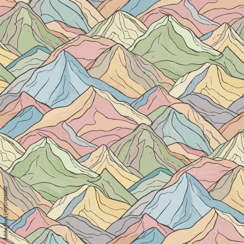Seamless pattern of colorful pastel mountains, hand-drawn illustration, abstract landscape background, artistic design