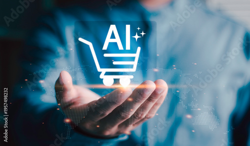 AI service agent and mobile online payment with businessman holding artificial intelligence shopping cart interface, map background, smart commerce, innovation, and automated customer service.