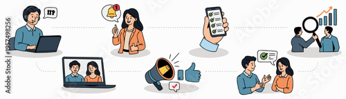 Team comunication, talk and calls in business. Remote working and meetings vector illustration set