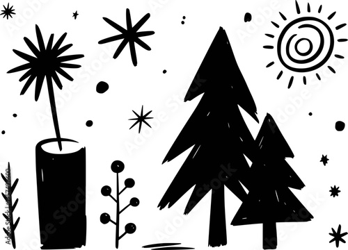 Hand drawn black silhouette winter forest scene with Christmas trees snowflakes sun and abstract