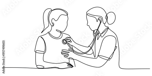 Continuous line drawing of a female doctor using a stethoscope to examine a young female patient