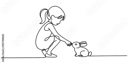 A young girl crouching down to gently feed a small pet rabbit in a single continuous line drawing