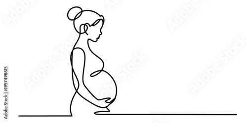 Minimalist continuous line drawing of a pregnant woman standing in profile with a gentle posture