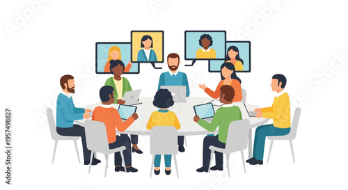 Diverse Team Hybrid Meeting - In-person & Remote Collaboration with Video Conference Technology