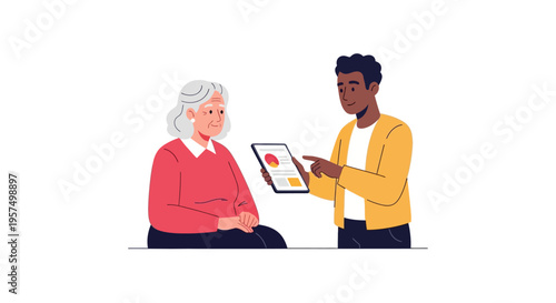 Generational Tech Assistance: Young Man Explains Digital Data on Tablet to Senior Woman