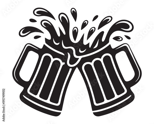 Two beer steins clinking together with liquid splashing