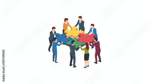 Business Team Connecting Jigsaw Puzzle Pieces Isometric Illustration