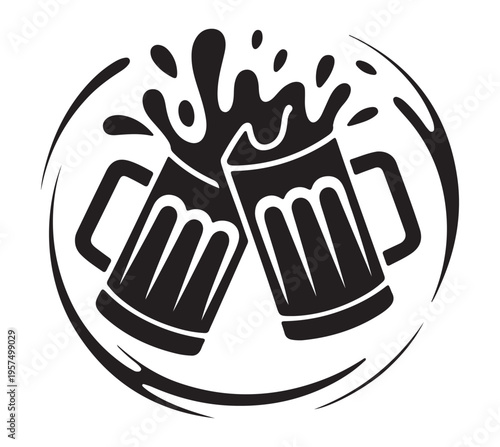 Two beer mugs clinking together with liquid splashing