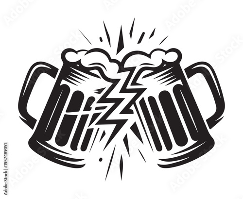Two beer mugs clinking together with a lightning bolt