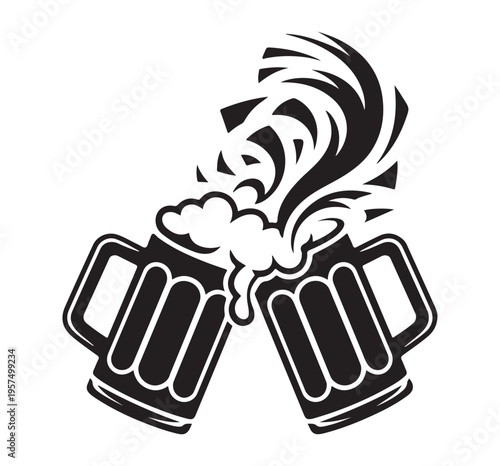 Two clinking beer mugs with rising foam