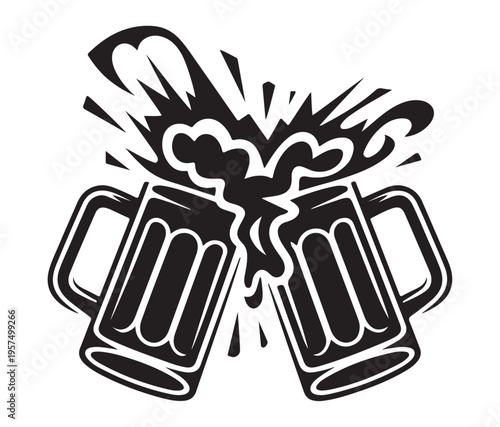 Two beer mugs clinking together with hearts and foam