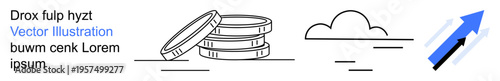 Finance, economics, investments, business growth, revenue, market progress. A stack of coins, cloud and blue upward arrow. Finance and economic for business growth