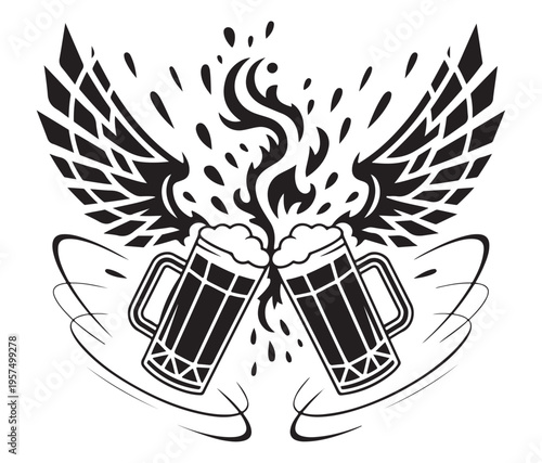 Tattoo design of two beer mugs with wings and flames