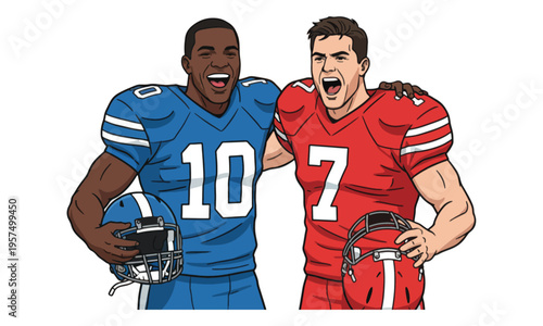 American football teammates in jerseys celebrating together