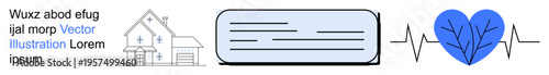 Healthcare, medical data, homecare, patient monitoring, health technology, cardiology. Icons of a house, medical document heartbeat. Healthcare and medical data concepts