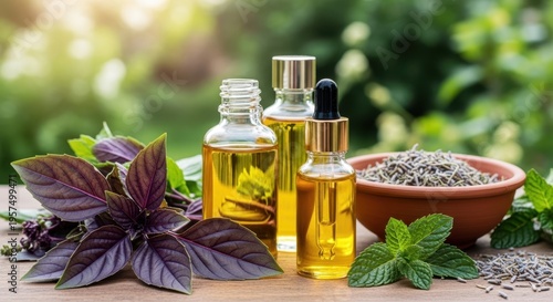 Natural essential oils and aromatic herbs displayed on a wooden surface