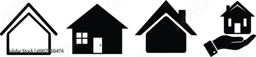 Four black and white house icons with varying details and a hand holding one