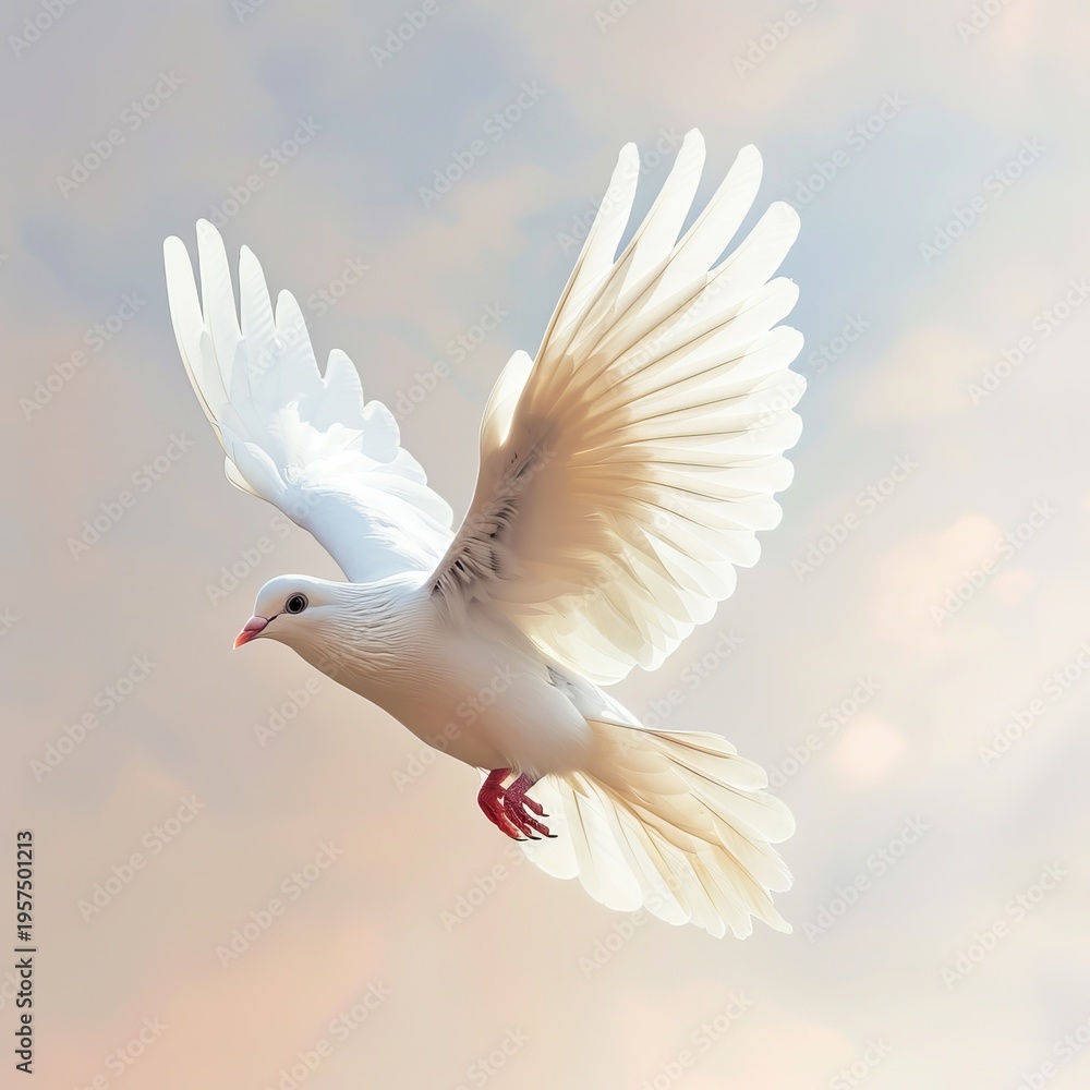 Fototapeta premium white dove flying, wings spread, soft sky background, realistic motion, serene atmosphere