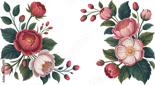 Vintage floral arrangement with peonies and roses vector illustration border ornate