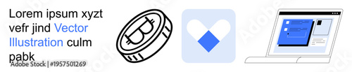 Cryptocurrency, blockchain, digital assets, finance, healthcare, online platforms. A coin with a Bitcoin symbol, a heart logo and a laptop screen. Cryptocurrency and blockchain