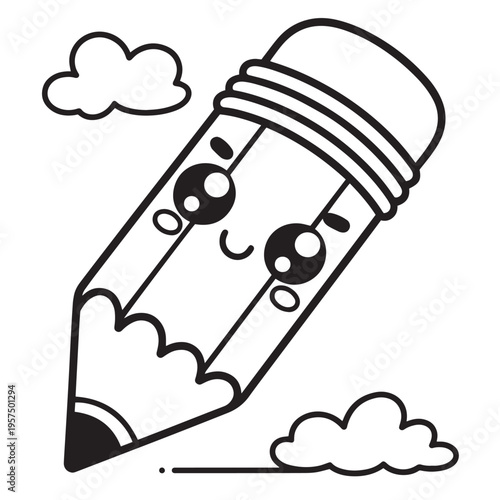 Cute cartoon pencil character with big eyes and a friendly smile coloring page for school supplies theme featuring small clouds and lines