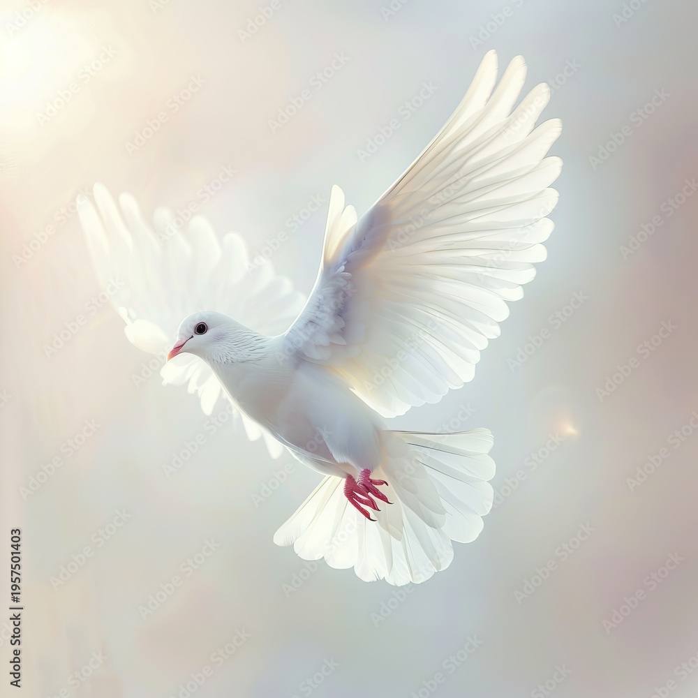 Obraz premium white dove, soft natural light, minimal background, realistic photography style, calm peaceful mood