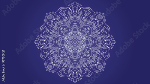 Elegant white mandala line art on royal blue gradient background for luxury branding set