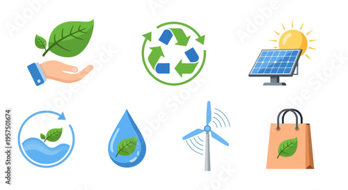 Environmental Protection & Sustainability Icons: Green Energy, Recycling, Water Conservation, Nature Care & Eco-Friendly Living