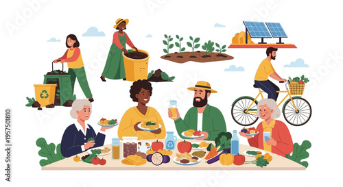 Sustainable Community Lifestyle: Diverse People Enjoying Healthy Organic Food, Urban Gardening, Composting, Cycling, and Solar Energy