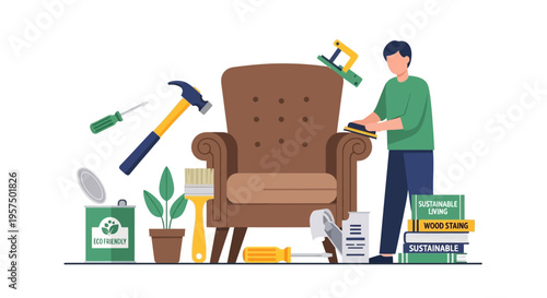 Sustainable Furniture Restoration & DIY Home Improvement. Eco-Friendly Upcycling Project with Tools and Books on Sustainable Living.
