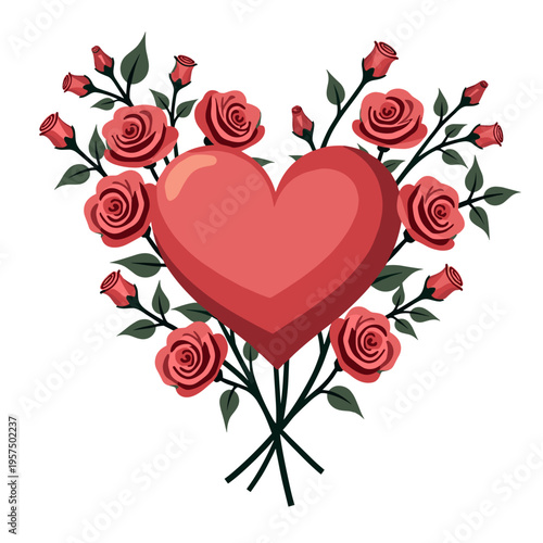 single stylized red heart and rose bouquet isolated on transparent background vector illustration for valentines day romantic gift flat design style