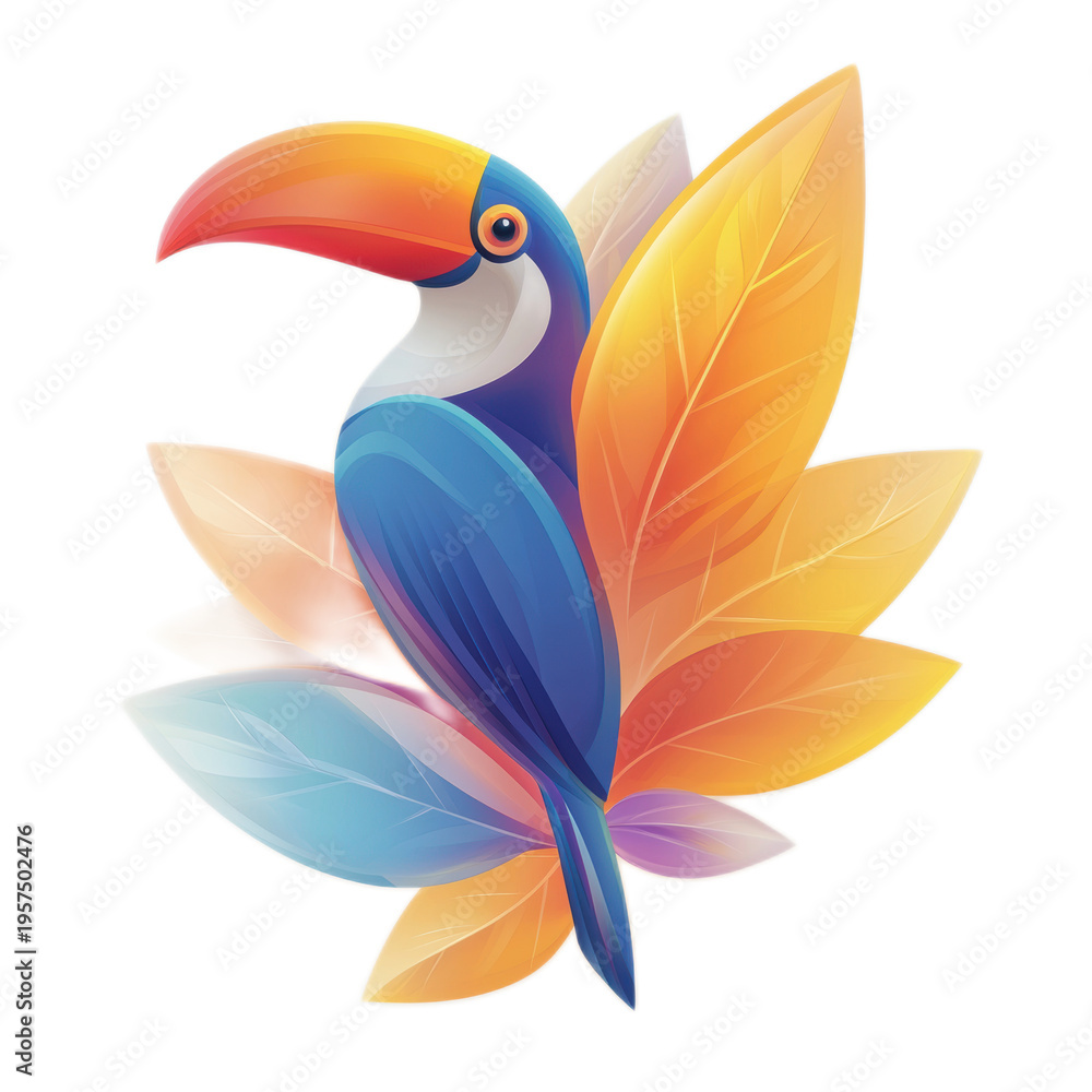 Obraz premium Vibrant Tropical Toucan Surrounded by Colorful Leaves Illustration