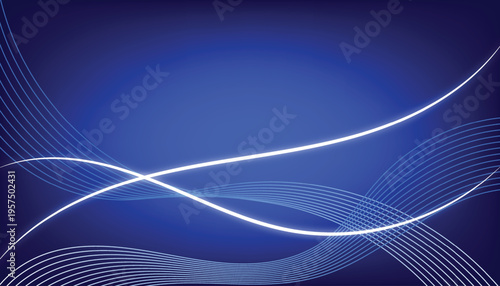 Abstract glowing wave lines on a deep blue gradient background, smooth flowing curves with modern futuristic light effects, elegant digital design for presentations and technology graphics.