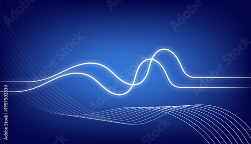 Abstract glowing wave lines on a deep blue gradient background, smooth flowing curves with modern futuristic light effects, elegant digital design for presentations and technology graphics.