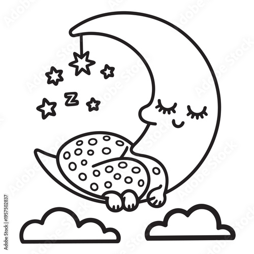 Sleeping crescent moon with cute stars and fluffy clouds coloring page design featuring a peaceful night sky and a polka dot nightcap style