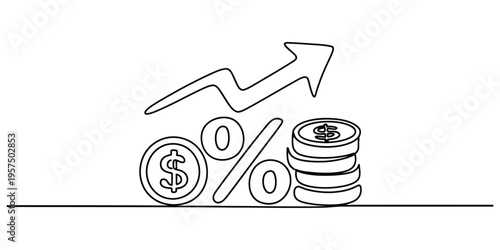 Continuous One Line Drawing of Rising Interest Rate and Profit