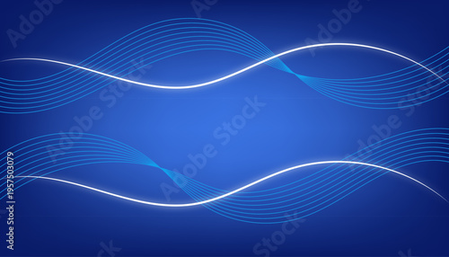 Abstract glowing wave lines on a deep blue gradient background, smooth flowing curves with modern futuristic light effects, elegant digital design for presentations and technology graphics.